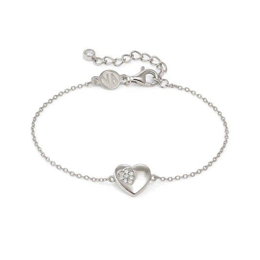 Silver chain bracelet with a heart charm set with a smaller heart Pave CZ cluster