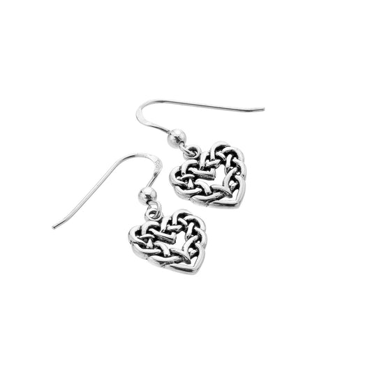 Silver drop earrings with open heart shaped Celtic knots on silver hooks