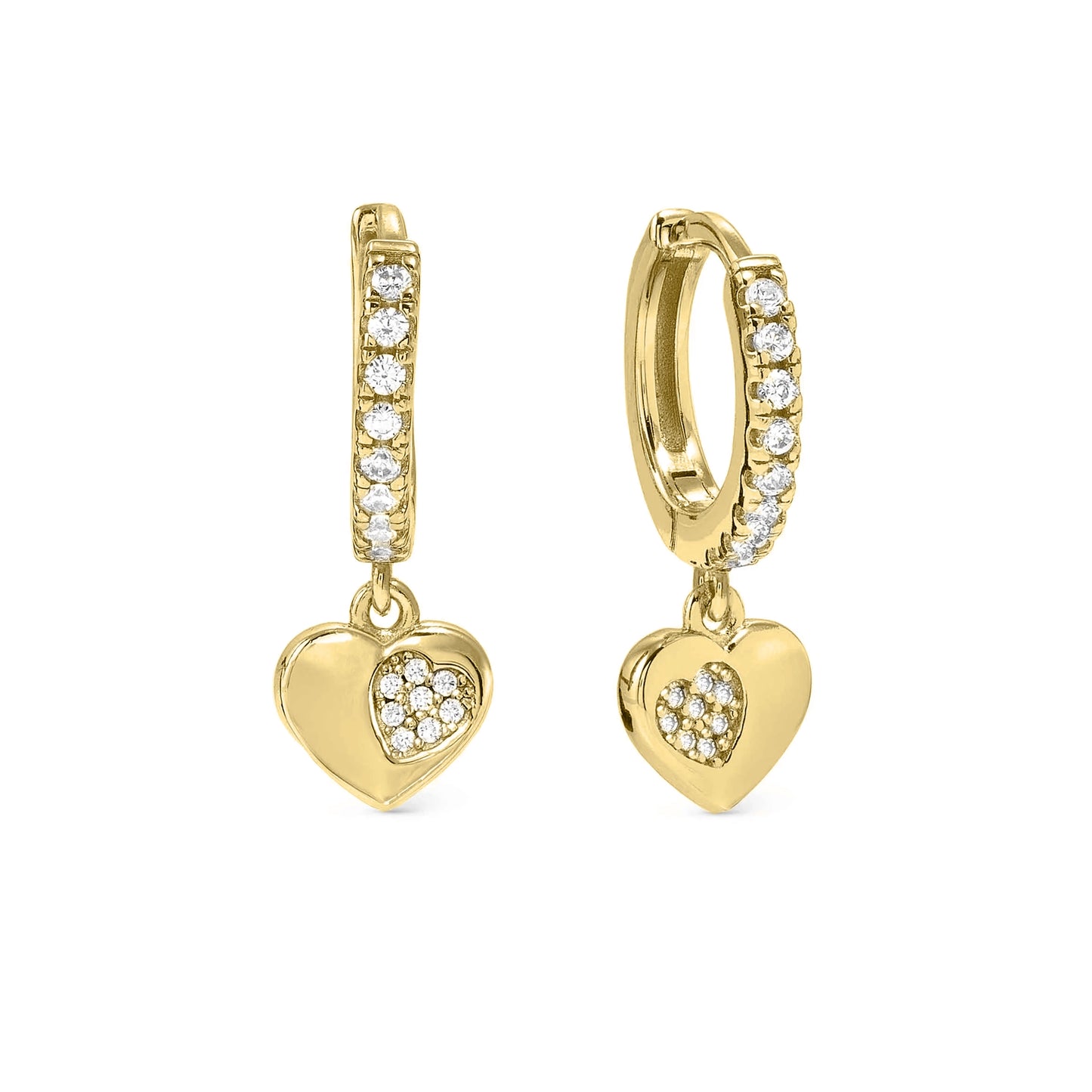 Gold hoop earrings featuring heart shaped drop with smaller pave CZ heart cluster inside