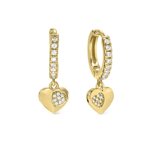 Gold hoop earrings featuring heart shaped drop with smaller pave CZ heart cluster inside