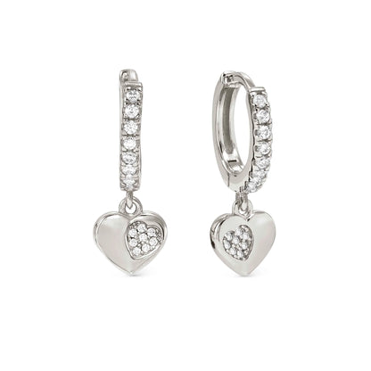 Silver hoop earrings featuring heart shaped drop with smaller pave CZ heart cluster inside