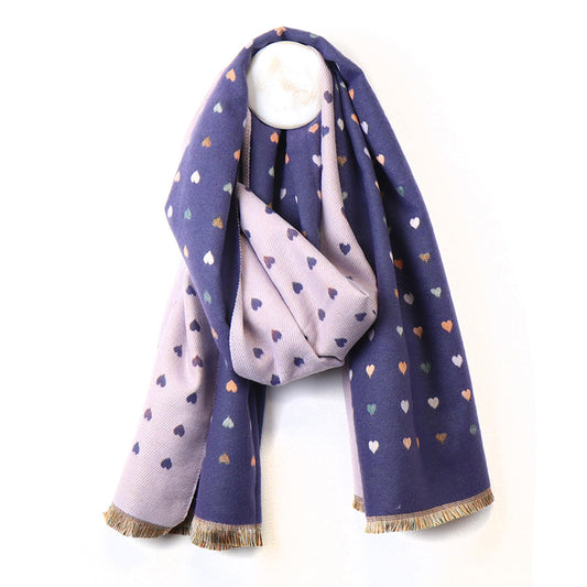 A two toned purple scarf with small hearts