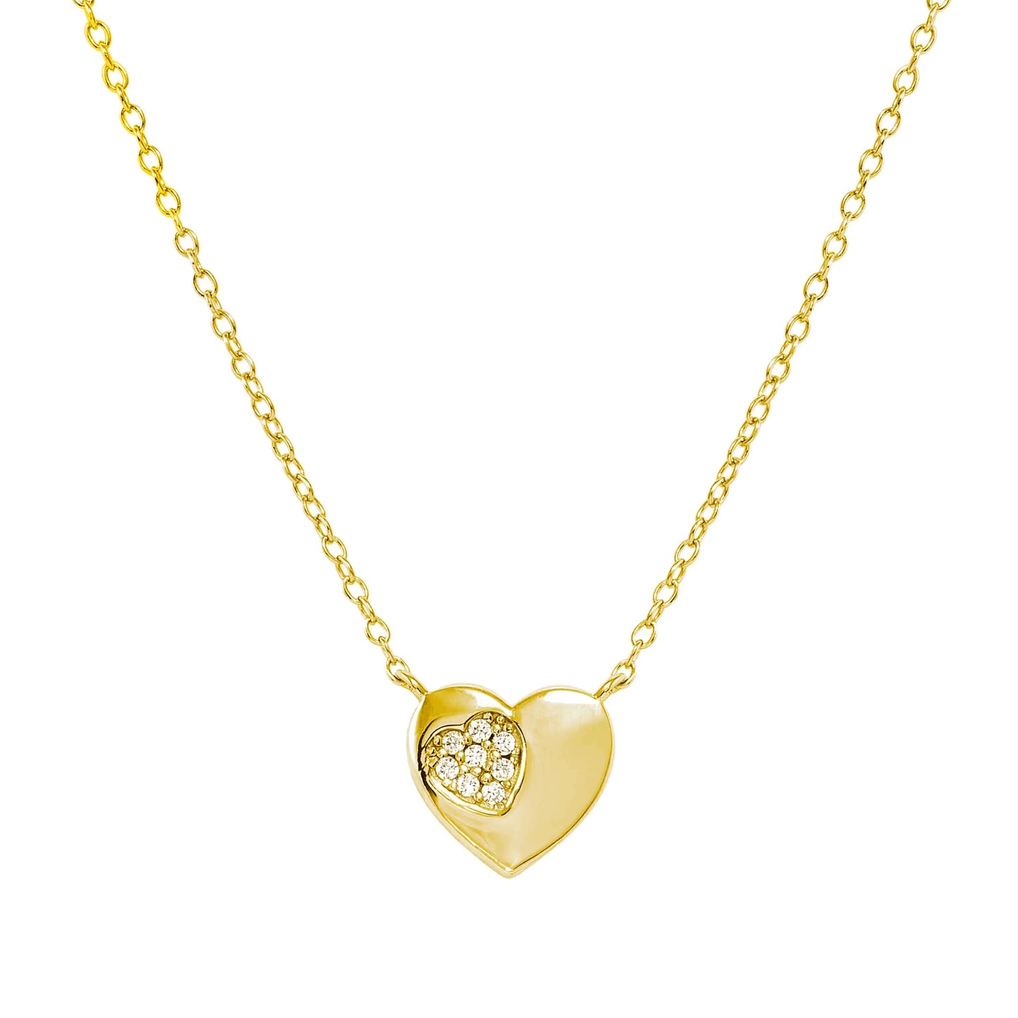 Gold necklace with heart pendant set with pave CZ stones in a heart shape