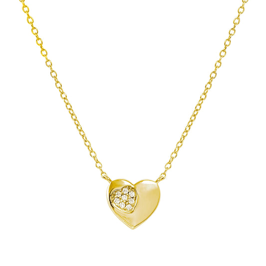 Gold necklace with heart pendant set with pave CZ stones in a heart shape