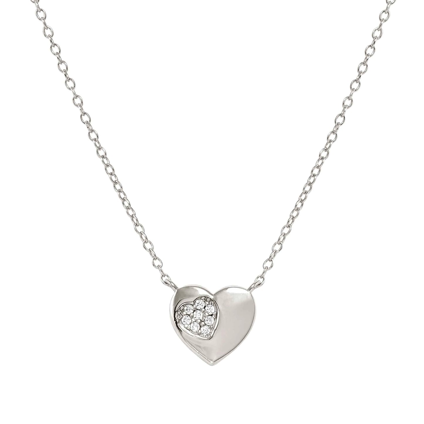 Silver necklace with heart pendant set with pave CZ stones in a heart shape