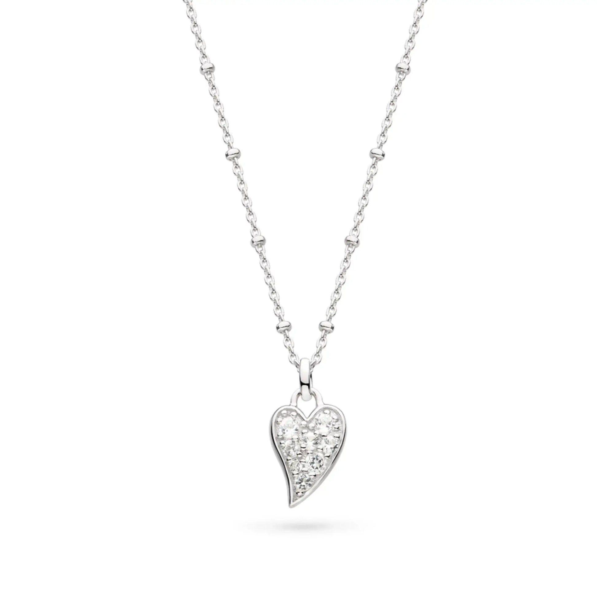 Asymmetrical heart shaped pendant with white topaz stones and silver ball chain