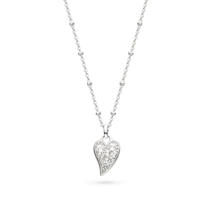 Asymmetrical heart shaped pendant with white topaz stones and silver ball chain
