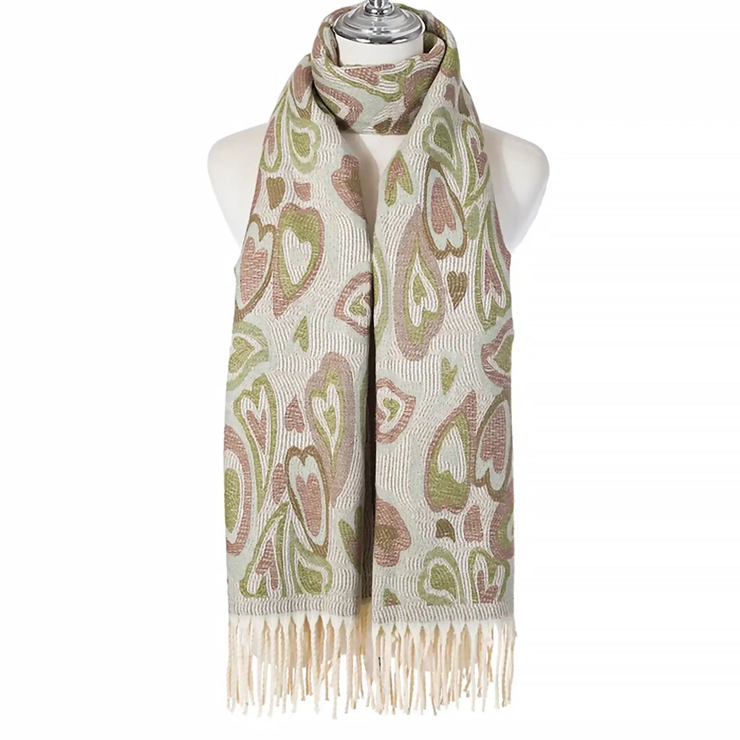 Beige heart patterned scarf with green and pink