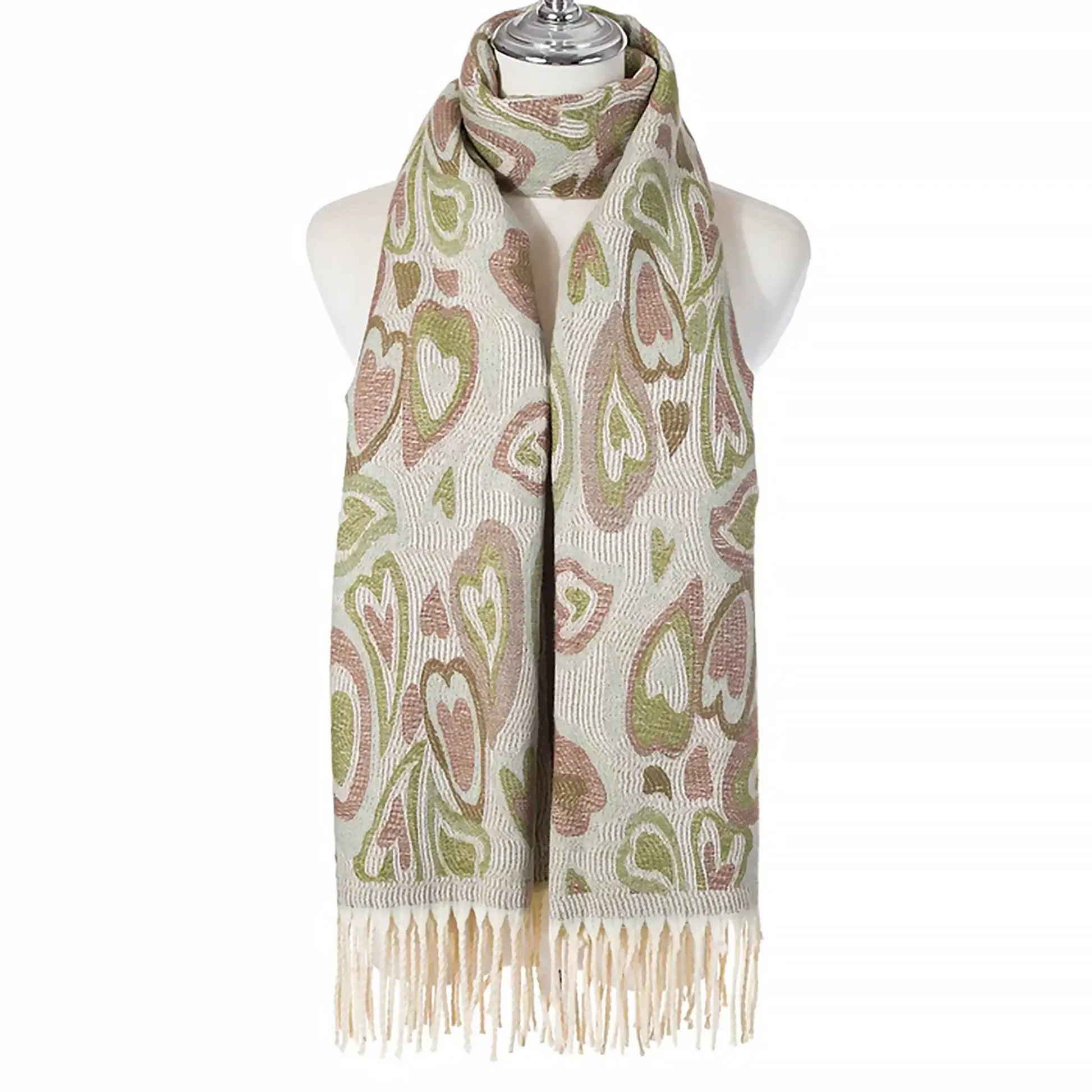 Beige heart patterned scarf with green and pink