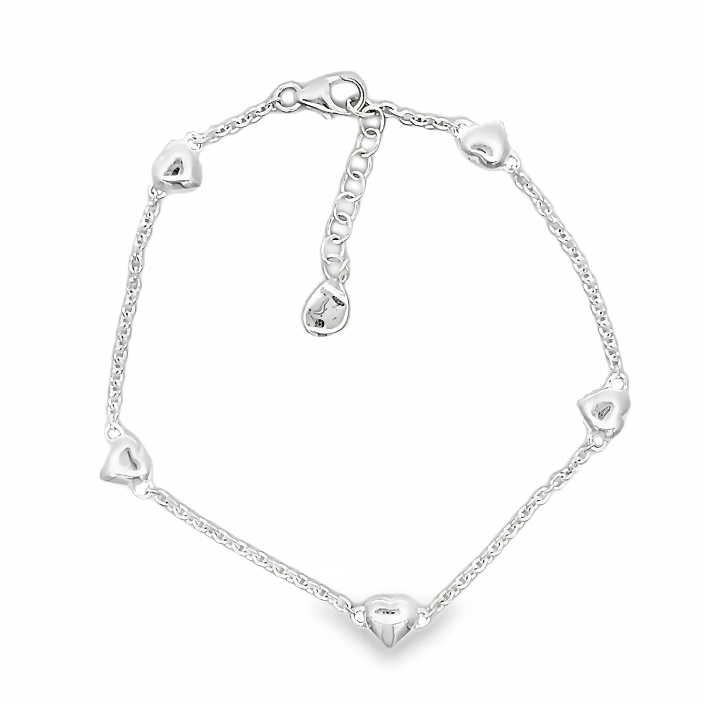 A silver chain bracelet with 5 solid heart links