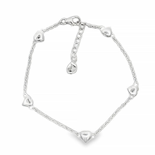 A silver chain bracelet with 5 solid heart links