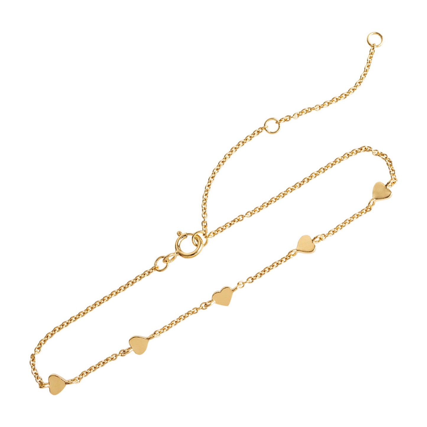 A gold chain bracelet with five heart links