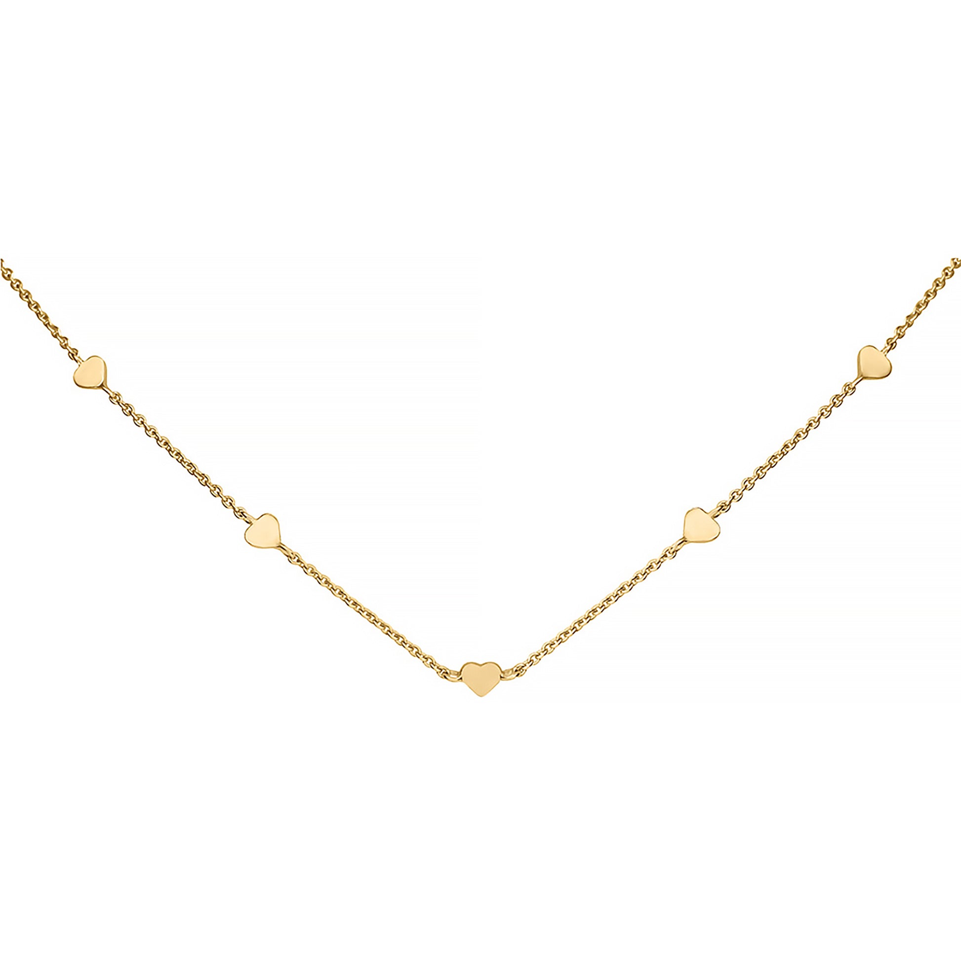 A gold chain necklace with heart charms