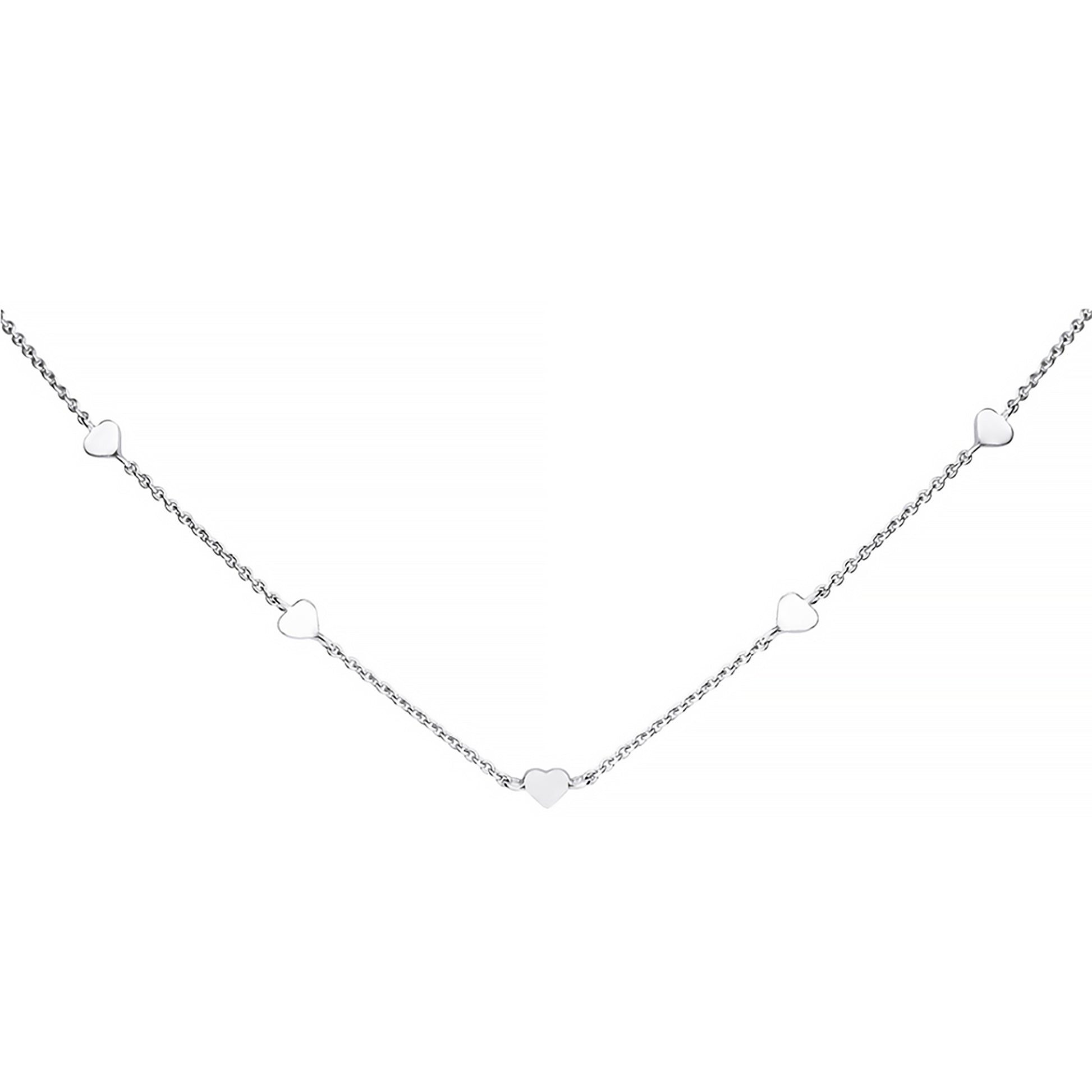 A silver chain necklace with heart charms