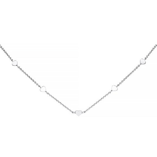 A silver chain necklace with heart charms