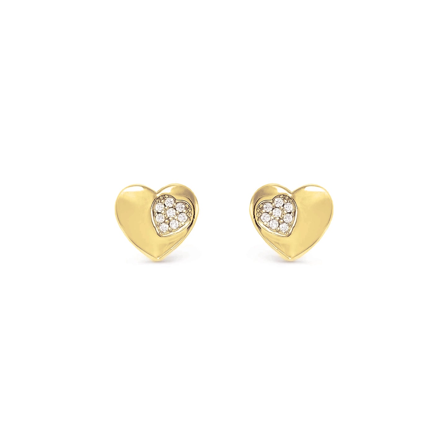 Heart shaped gold stud earrings with smaller pave CZ heart cluster inside