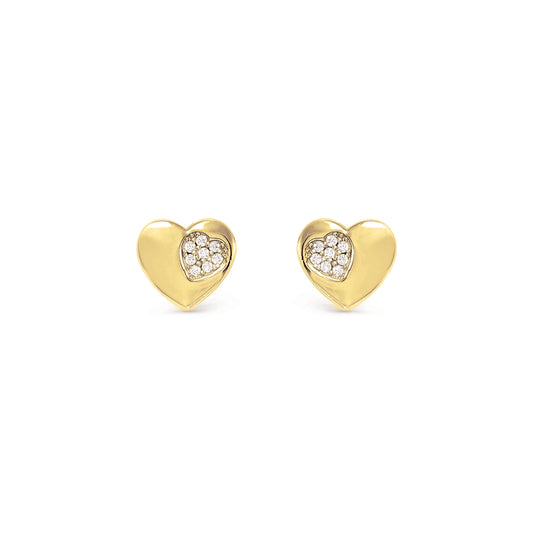 Heart shaped gold stud earrings with smaller pave CZ heart cluster inside