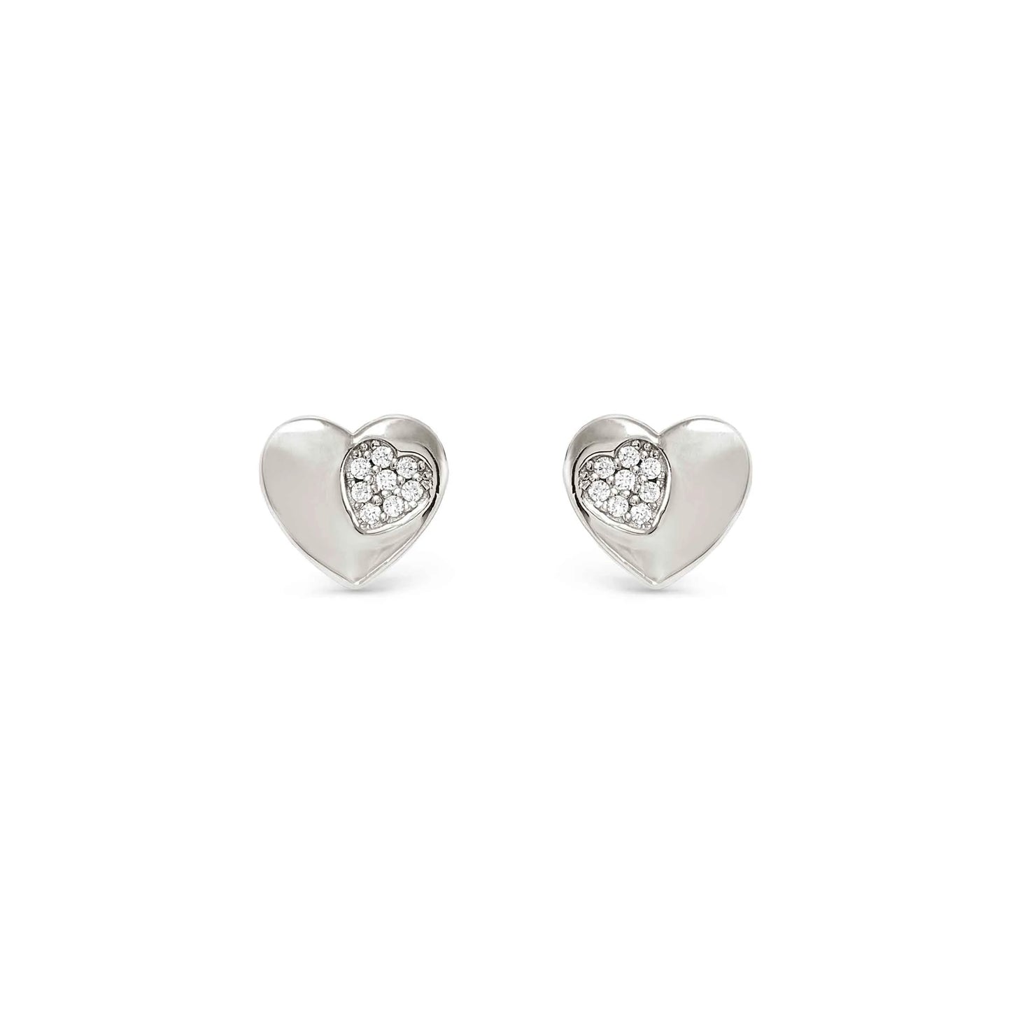 Heart shaped silver stud earrings with smaller pave CZ heart cluster inside