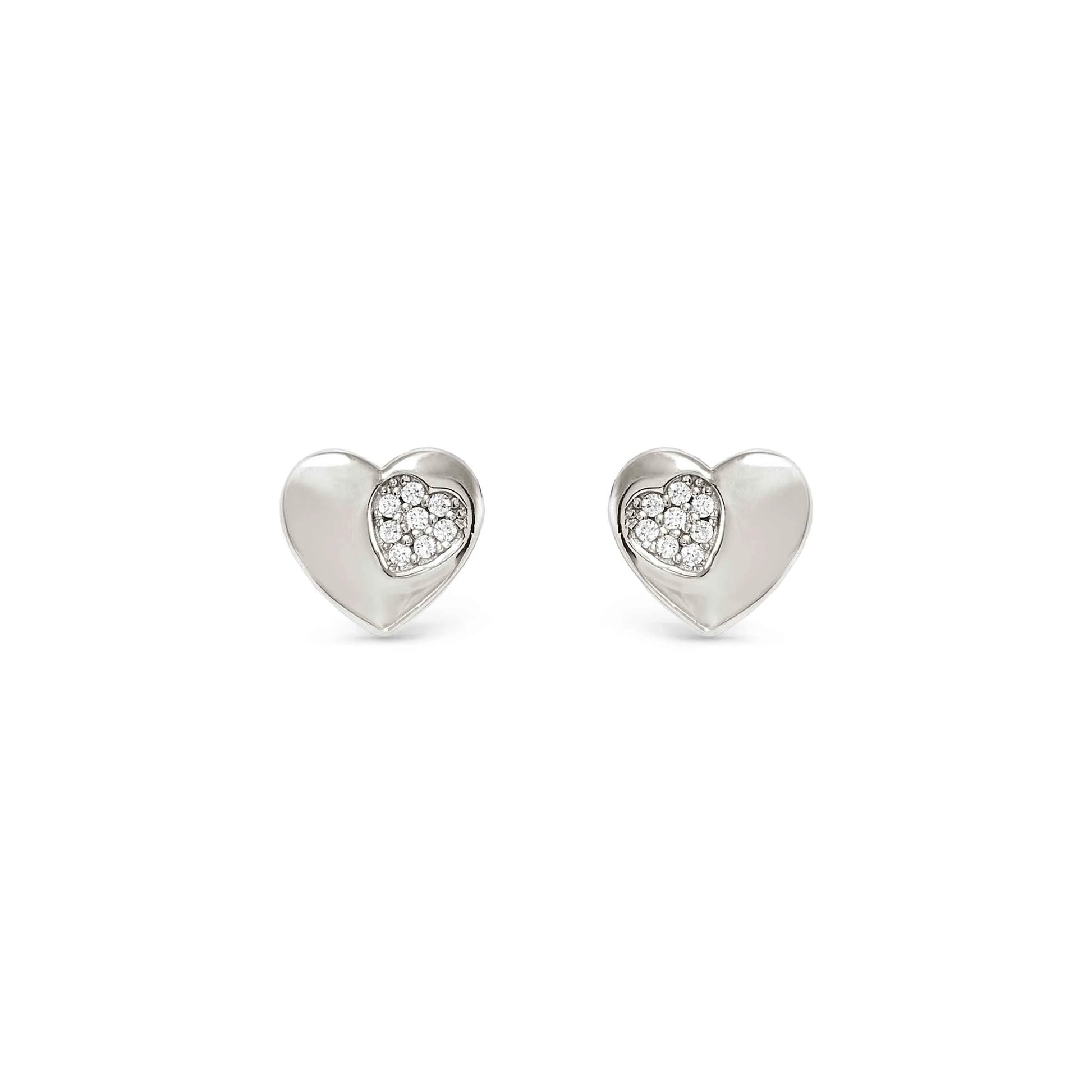 Heart shaped silver stud earrings with smaller pave CZ heart cluster inside