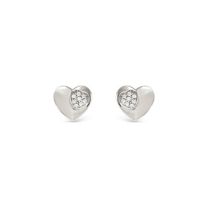 Heart shaped silver stud earrings with smaller pave CZ heart cluster inside