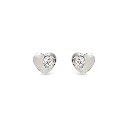 Heart shaped silver stud earrings with smaller pave CZ heart cluster inside