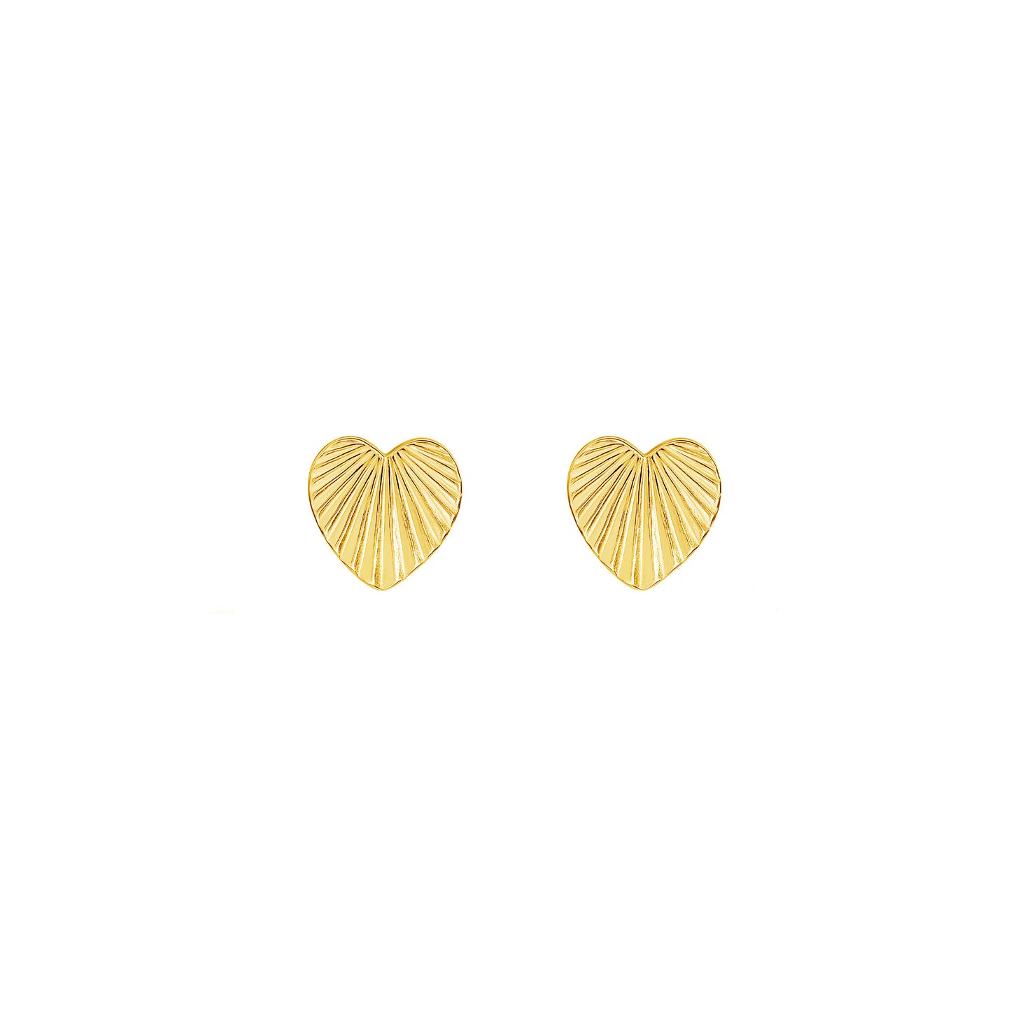 Pair of gold heart shaped stud earrings engraved with a sunburst texture