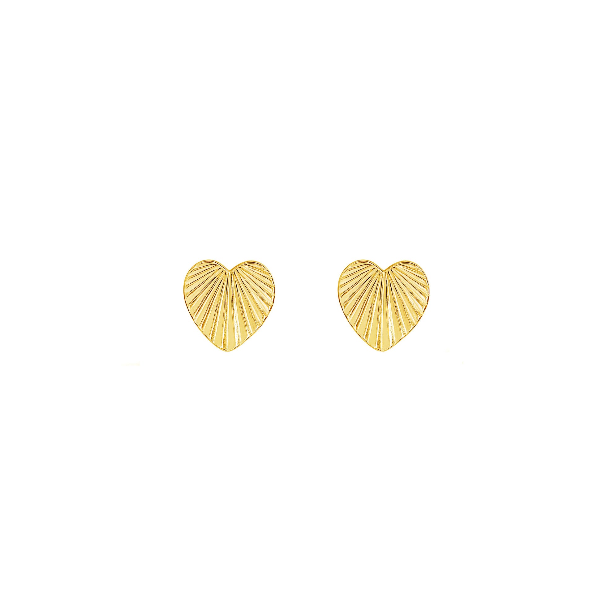 Pair of gold heart shaped stud earrings engraved with a sunburst texture