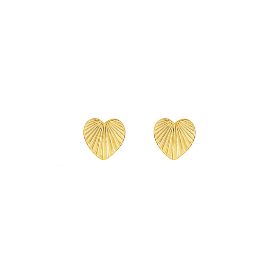 Pair of gold heart shaped stud earrings engraved with a sunburst texture