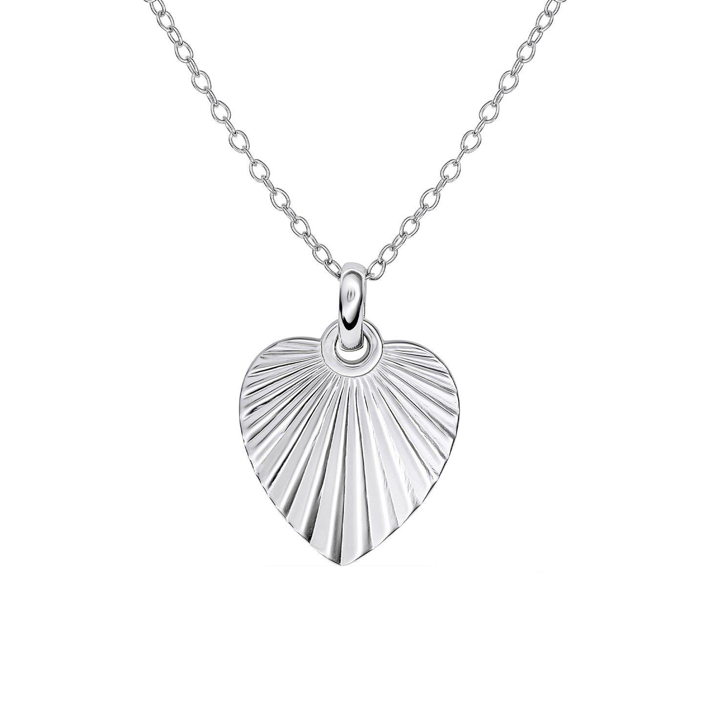 Silver heart shaped pendant engraved with a sunburst texture