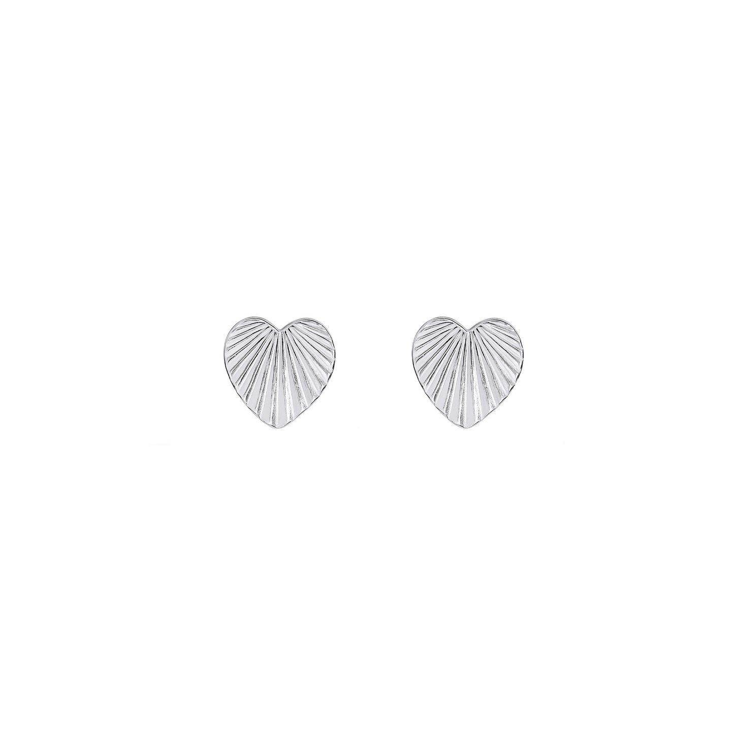 Pair of silver heart shaped stud earrings engraved with a sunburst texture