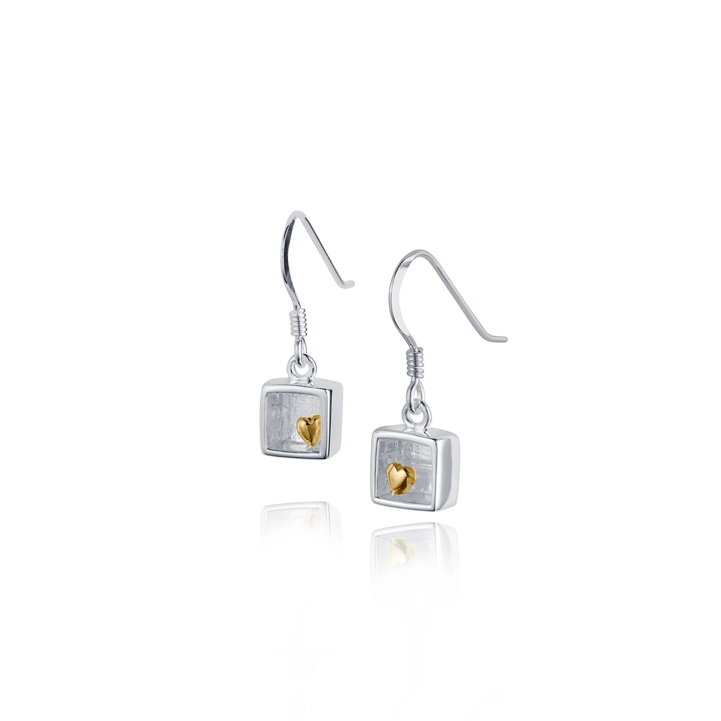 Silver box shaped drop earrings with tiny gold hearts 