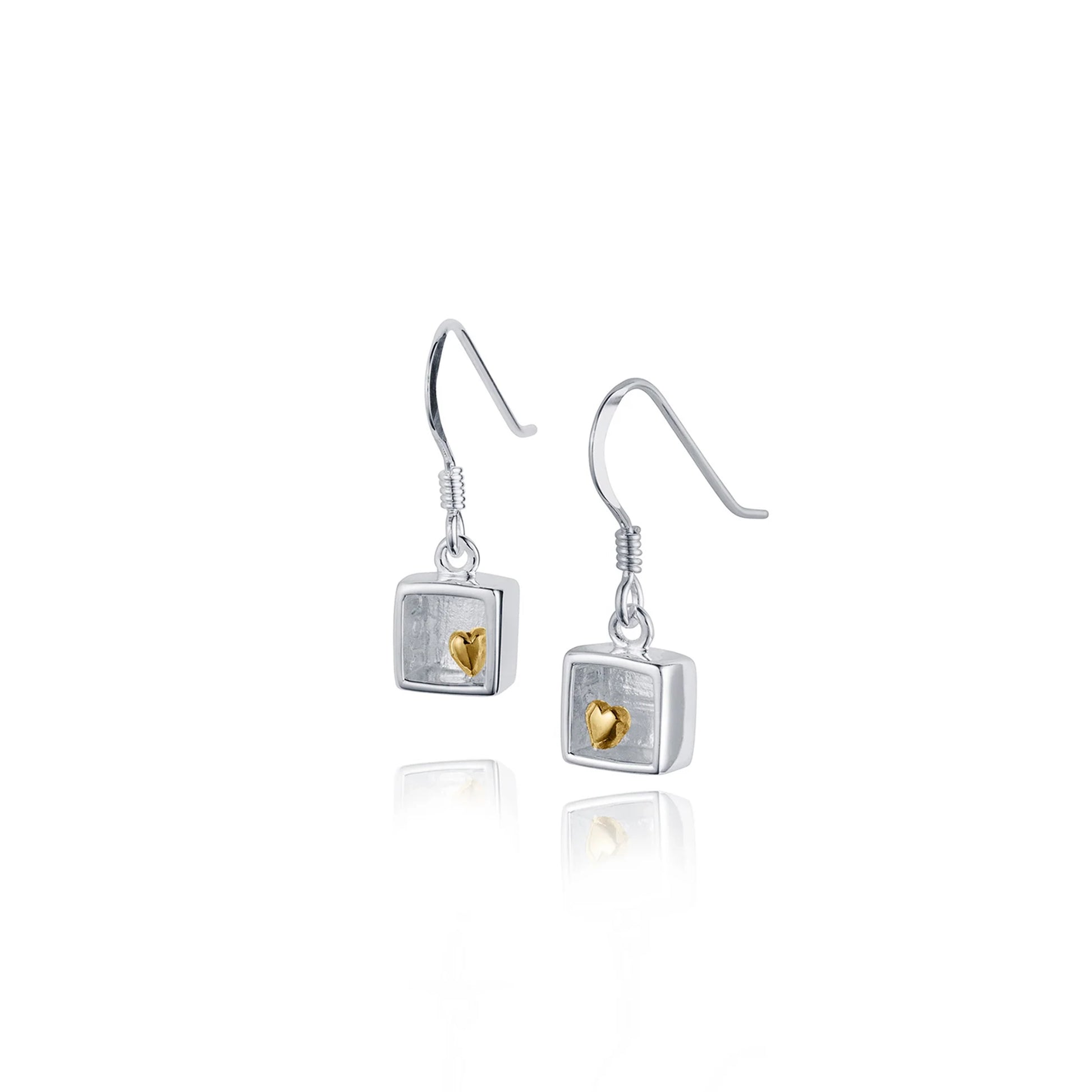 Silver box shaped drop earrings with tiny gold hearts 