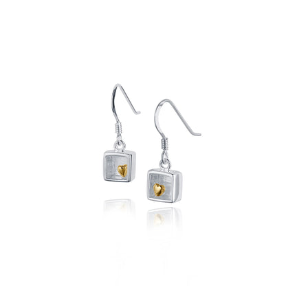 Silver box shaped drop earrings with tiny gold hearts 