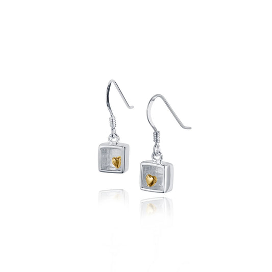 Silver box shaped drop earrings with tiny gold hearts 