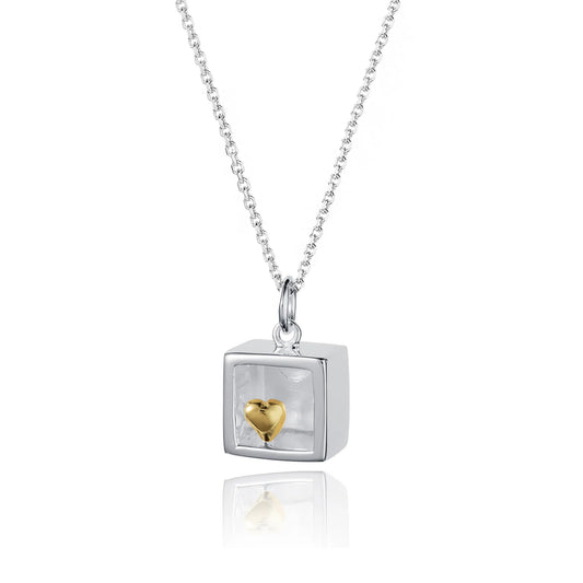 Silver box shaped pendant with tiny gold heart and silver chain