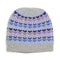 A grey knitted beanie hat with purple and blue hearts pattern