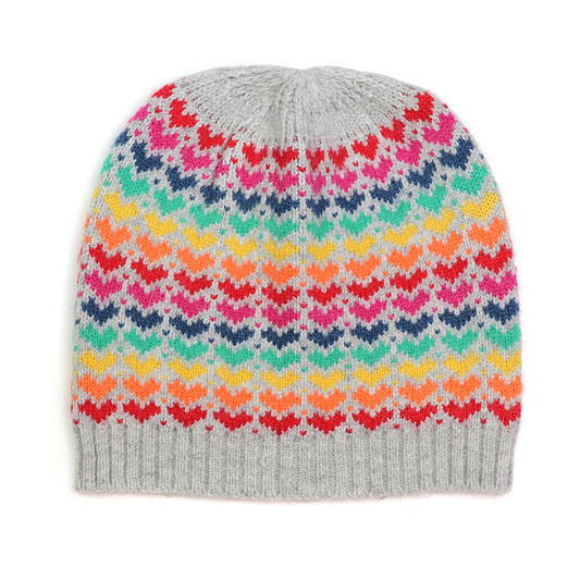 A grey knitted beanie hat with rainbow repeat heart pattern