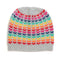 A grey knitted beanie hat with rainbow repeat heart pattern