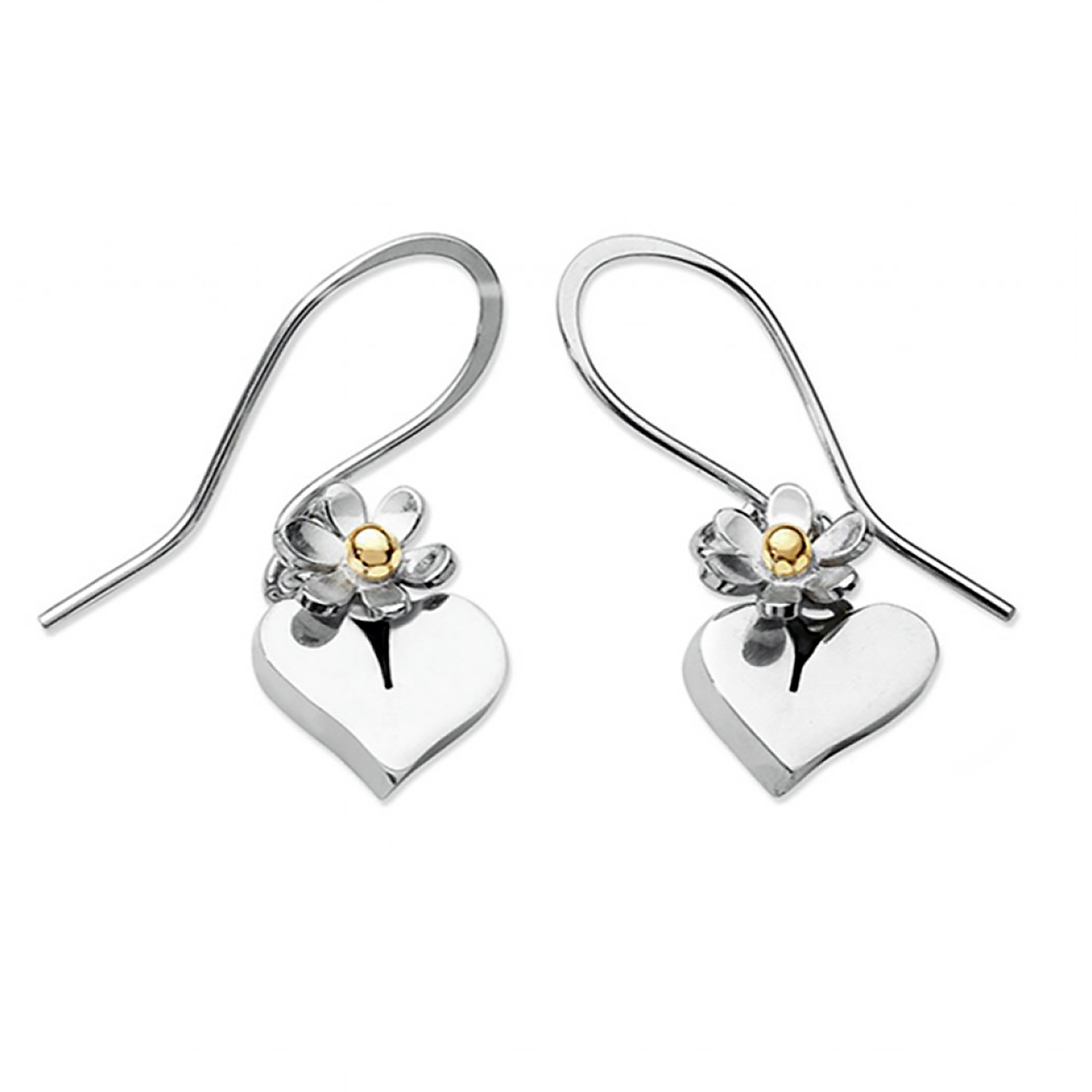 Silver earrings with heart drops and flowers with gold centres on hook fittings