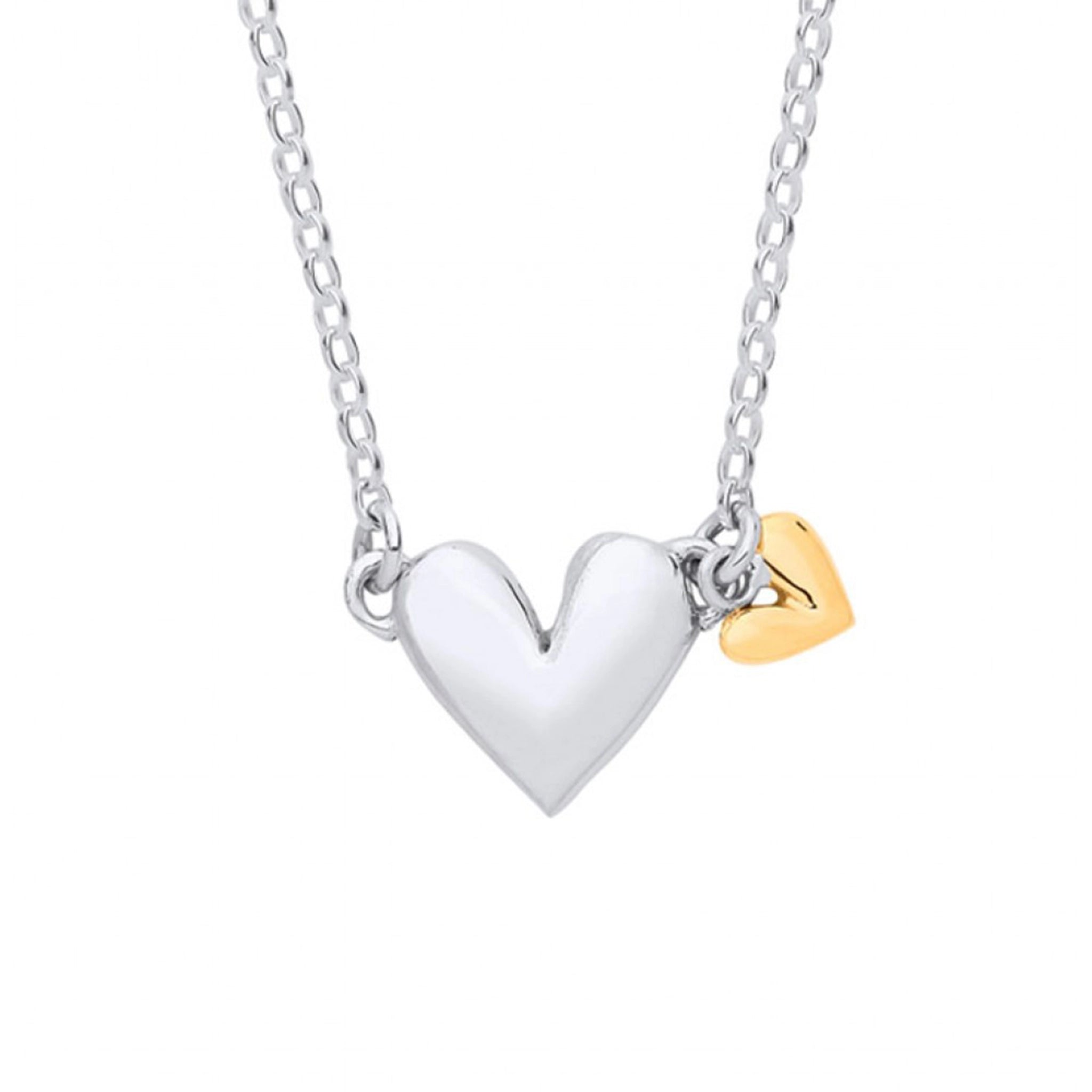 A silver heart necklace with a small gold heart drop charm