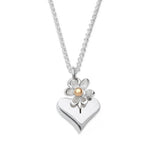 Silver pendant with heart drop and flower with gold centre on a silver chains
