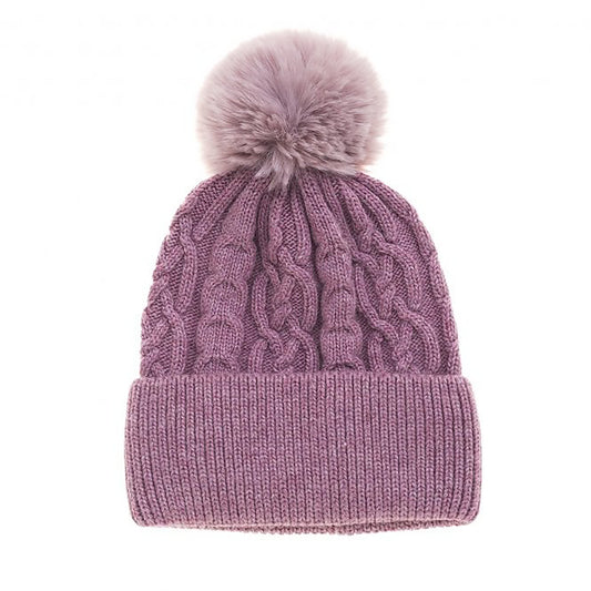 A simple light heather purple cable knit hat with large fluffy pompom
