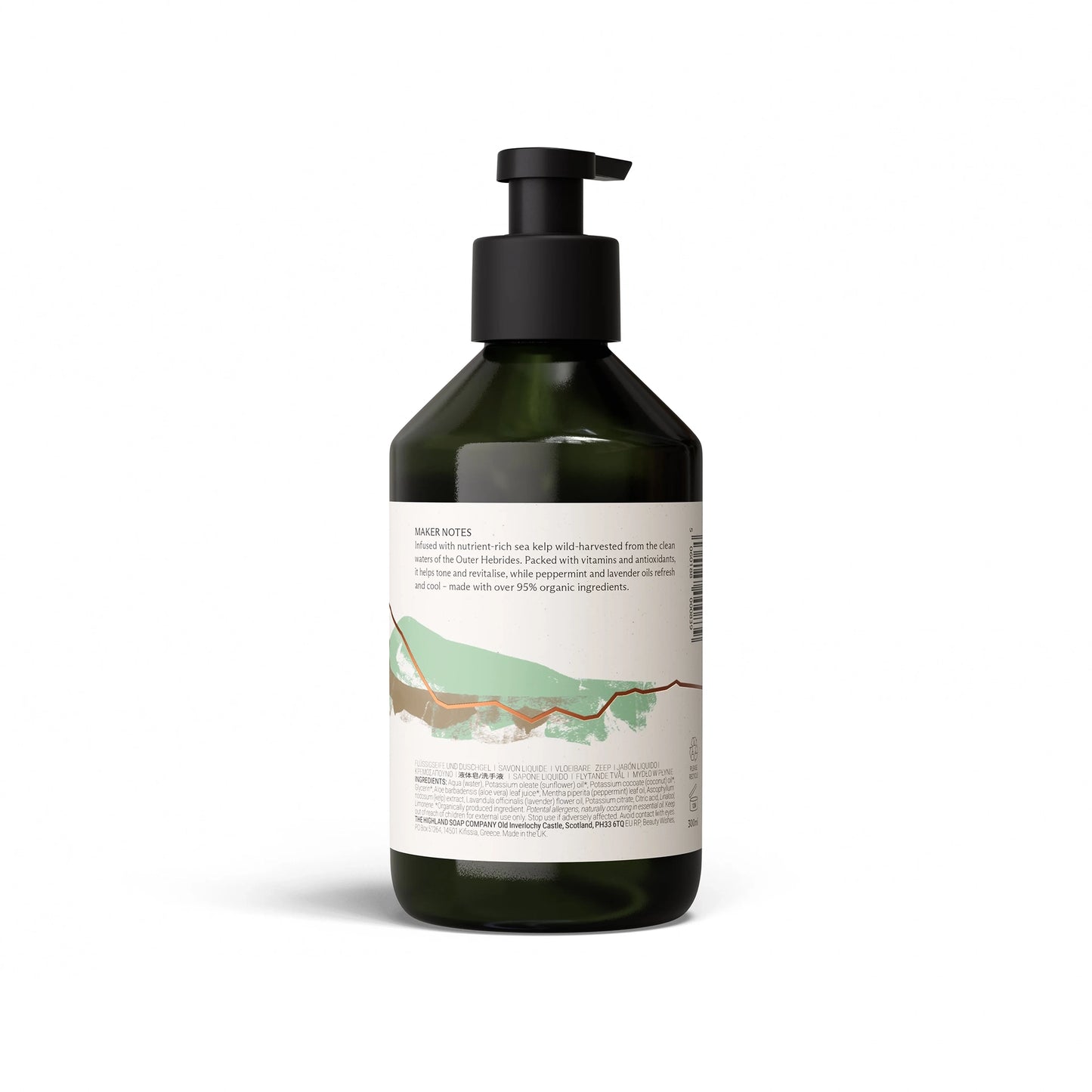 Back of Highland Soap Co. Hebridean seaweed scented liquid hand wash pump bottle with ingredient list
