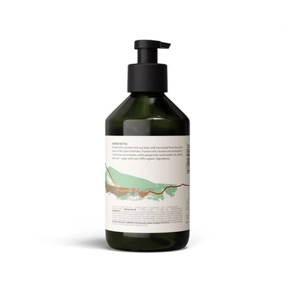 Back of Highland Soap Co. Hebridean seaweed scented liquid hand wash pump bottle with ingredient list