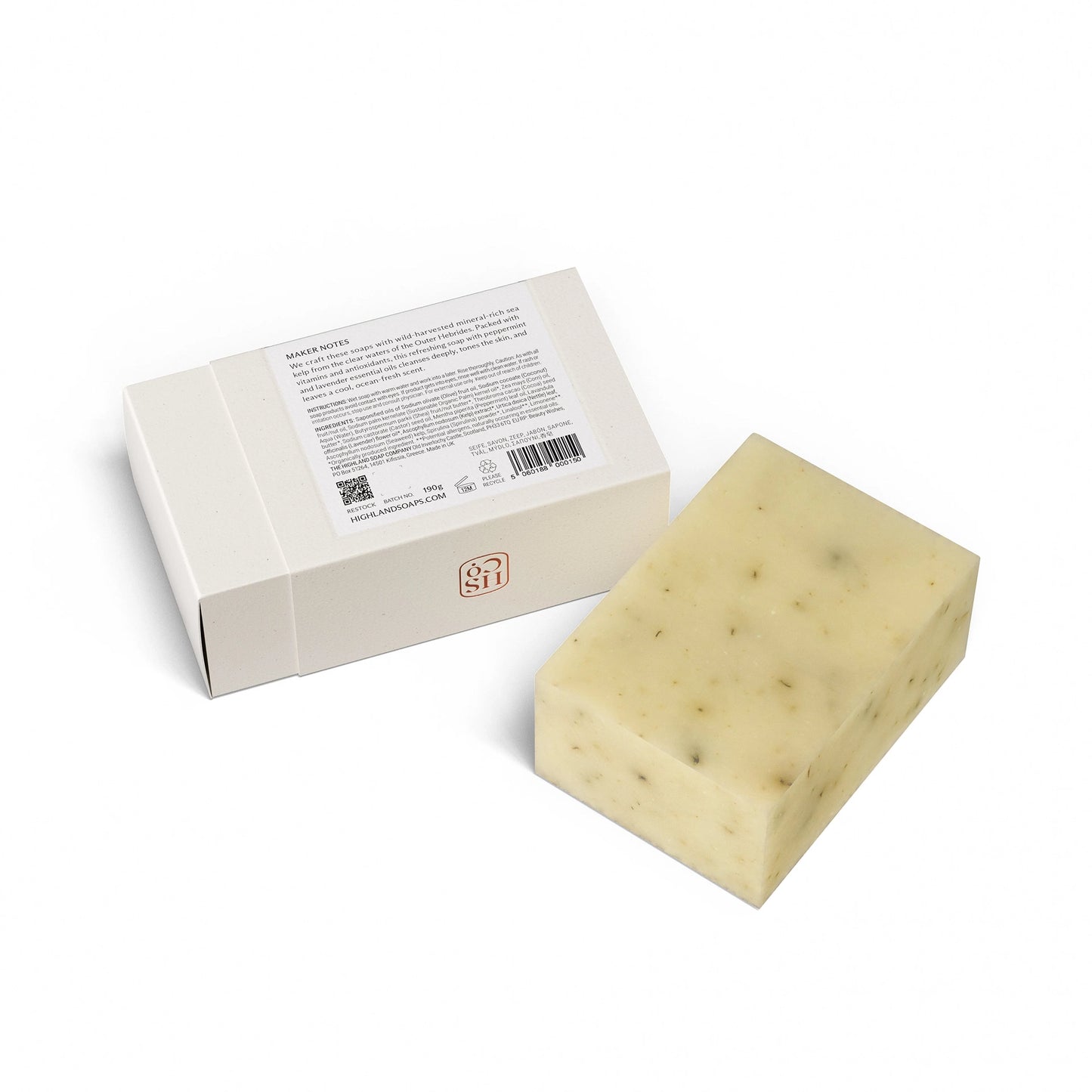 Back of Highland Soap Co. Hebridean Seaweed scented soap bar in box packaging with ingredient list