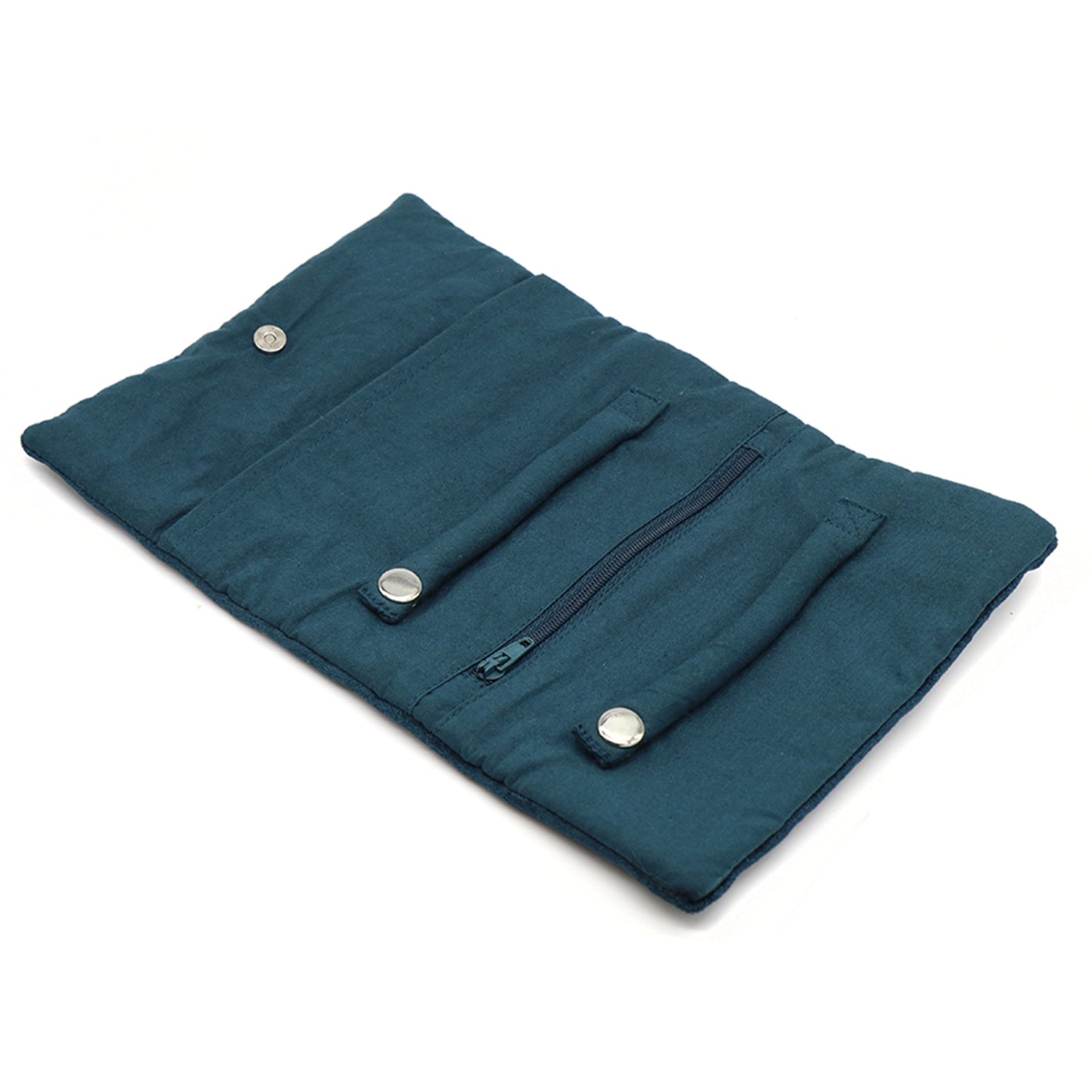 Open dark teal velvet jewellery roll with two snap ring rolls and a zip pocket