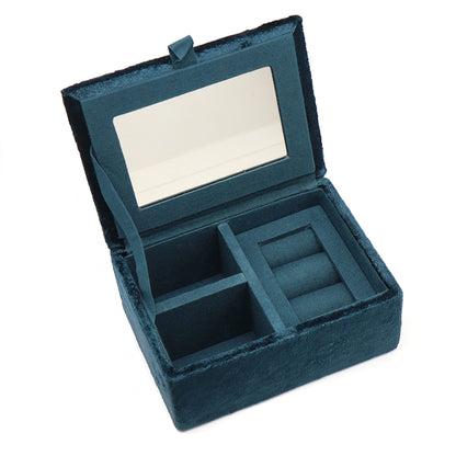 A rectangle dark teal velvet jewellery box with two open compartments and a ring roll