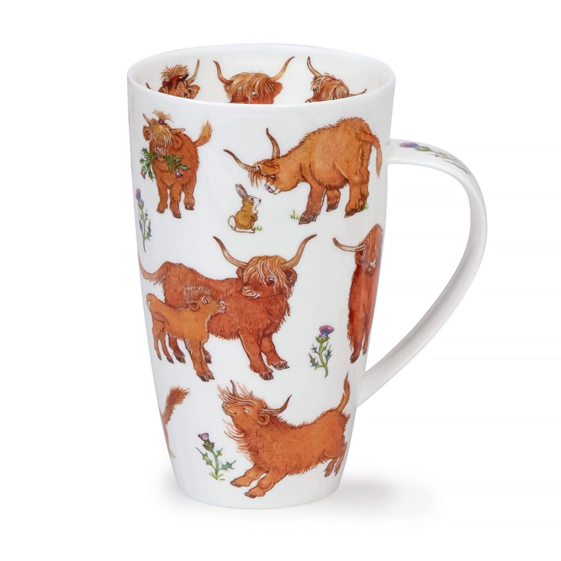 Tall white mug featuring Highland cow and thistle illustrations