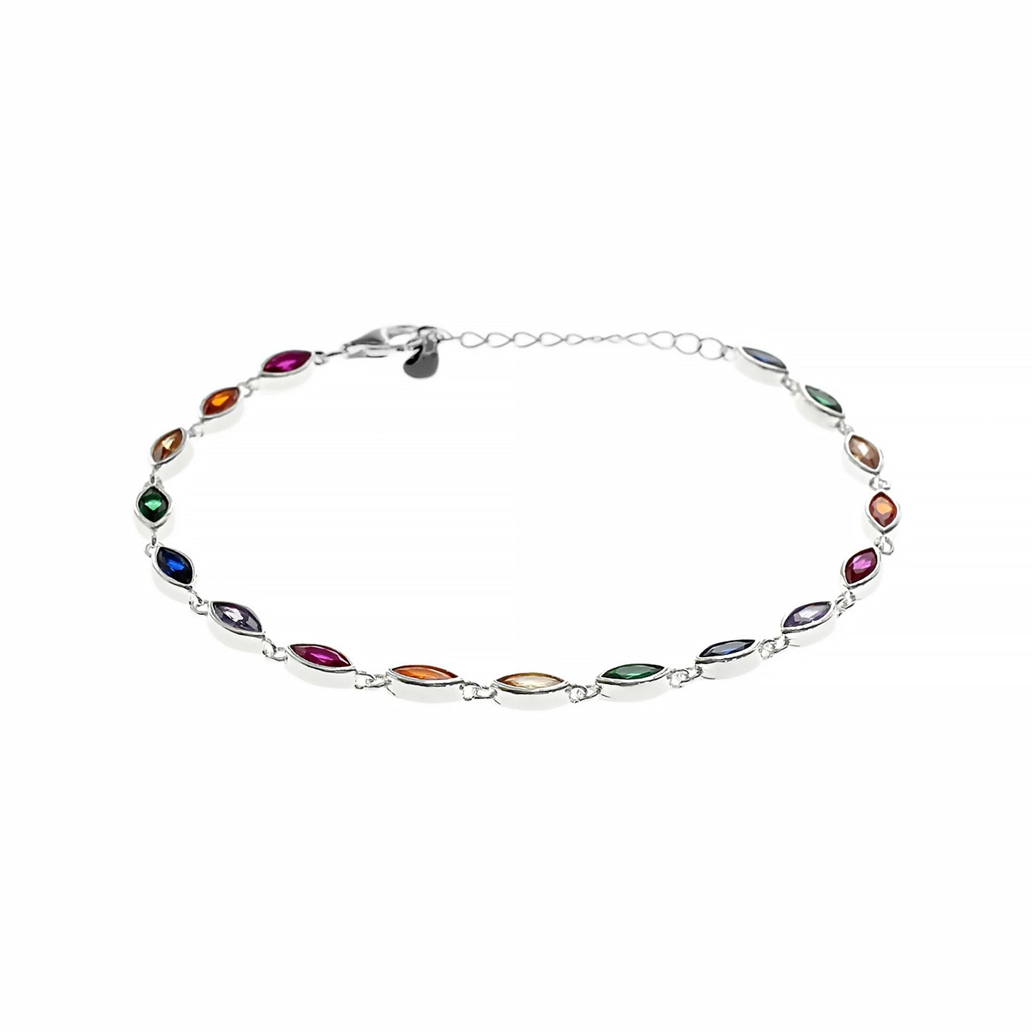 Link bracelet in silver with multicoloured marquis shaped CZ stones