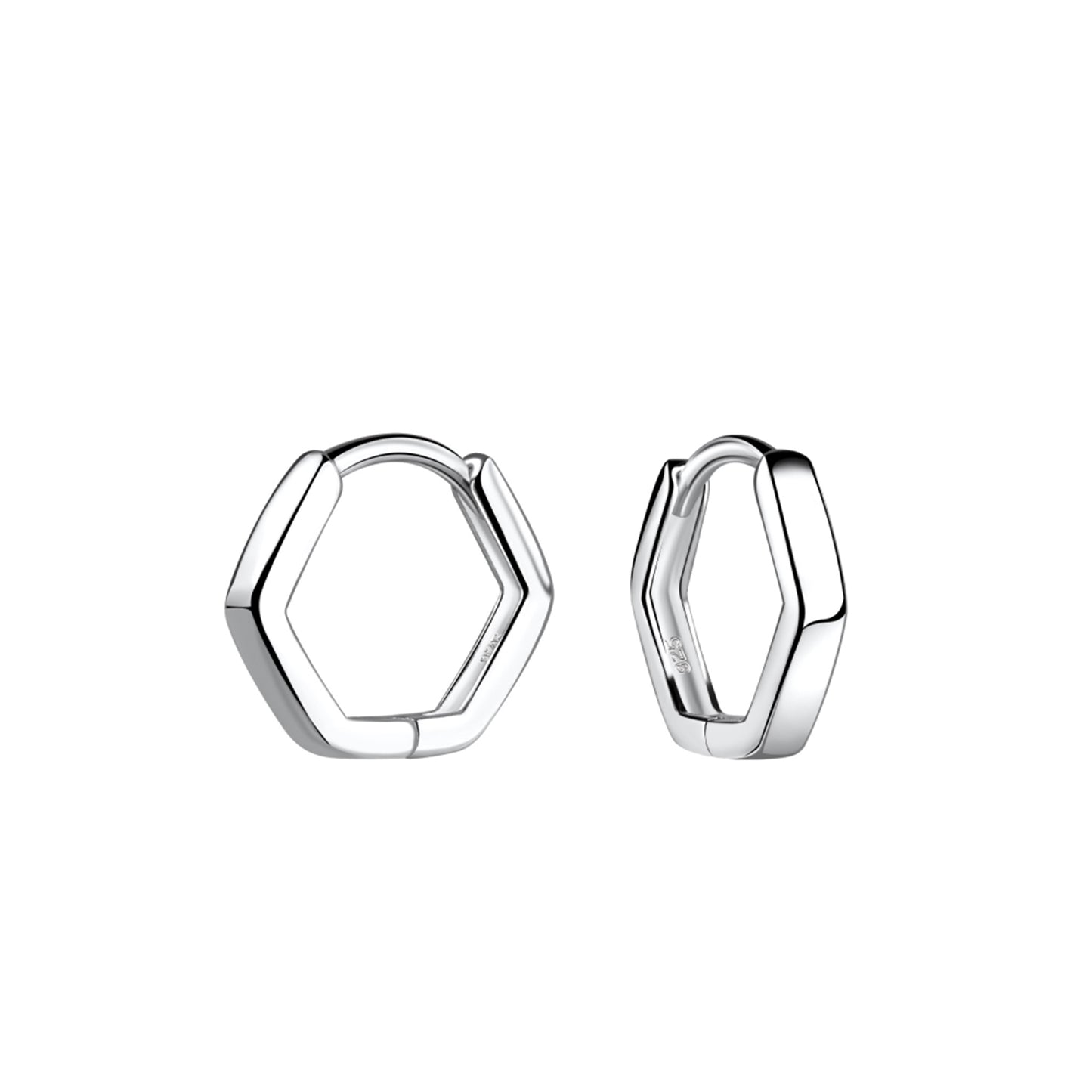 Silver hexagonal shaped hoop earrings with hinged closure